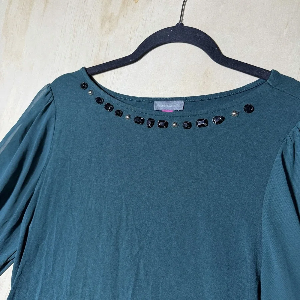 Vince Camuto Women's Medium Green Jeweled Blouse 3/4 Sheer Sleeve‎ Stretch Top